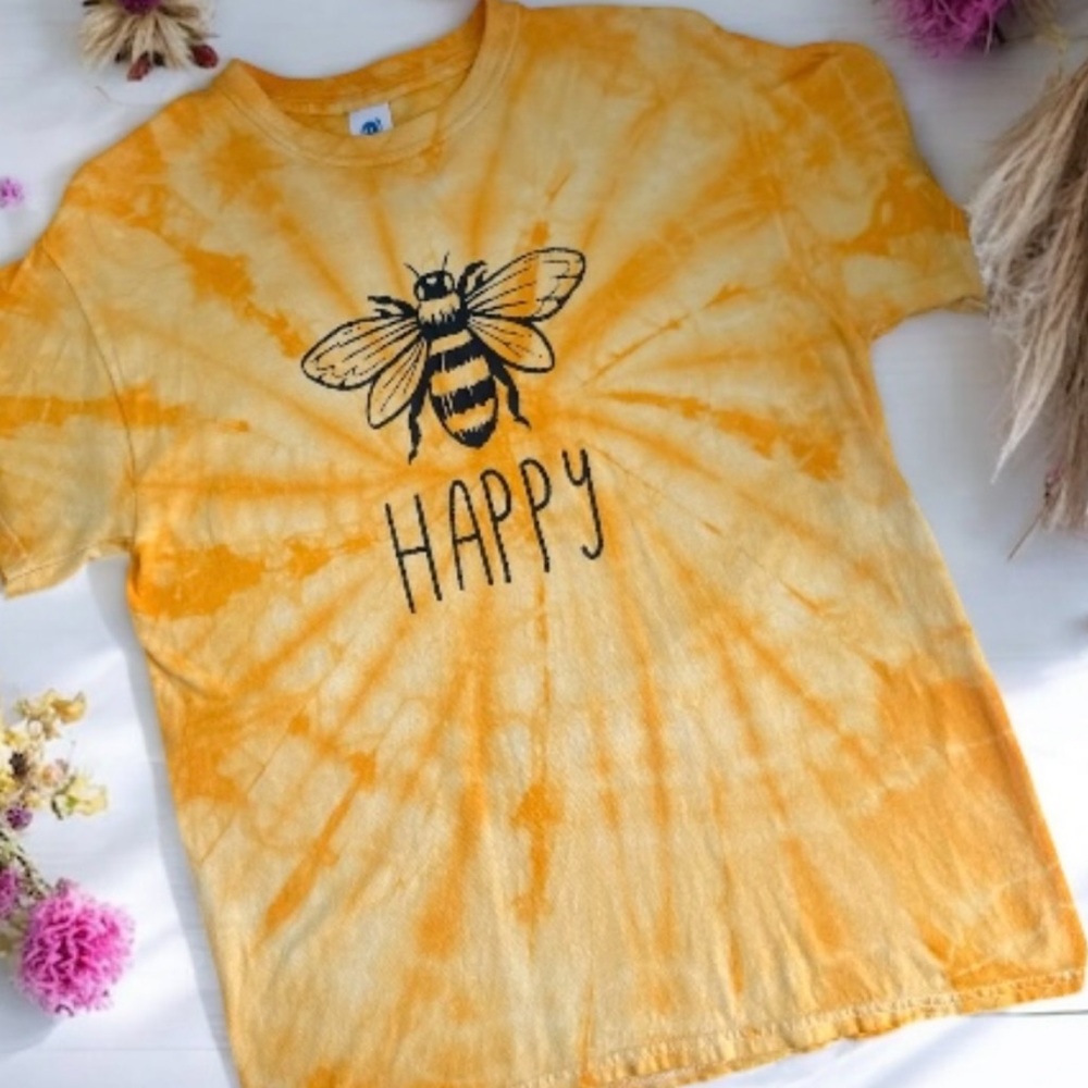 Yellow Tie-Dye Bee Happy Graphic T-shirt 100% Cotton Medium